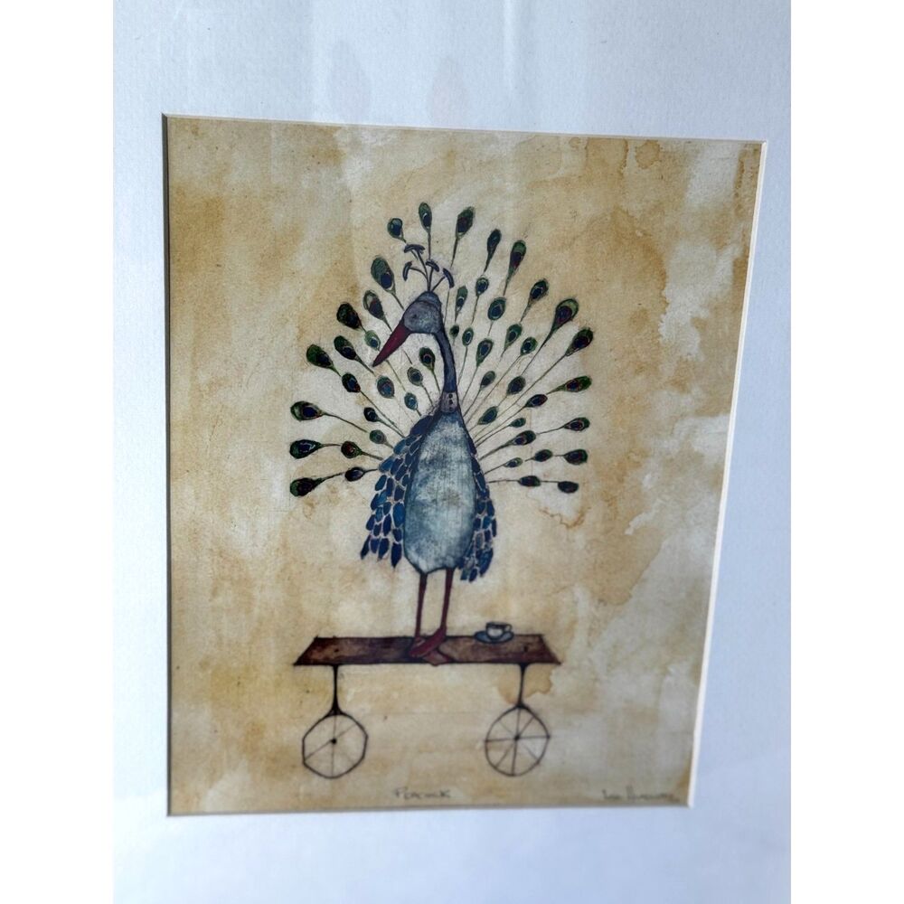 Original Lisa Hurwitz watercolor painting peacock with tea cup framed and signed - Picture 3 of 6